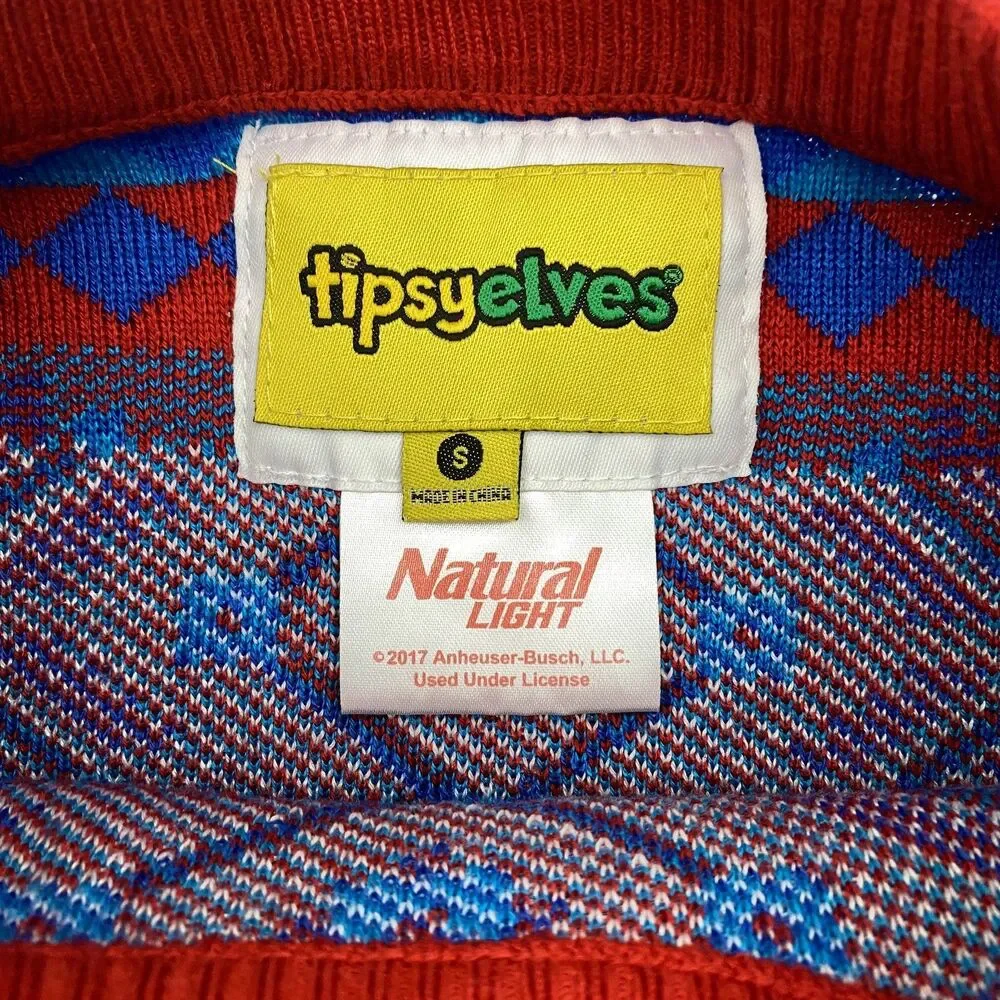 Tipsy Elves Ugly Christmas Sweater Mens Small Blue Red Natural Light Beer Party